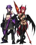  1girl breasts claws copyright_request demon_boy demon_girl demon_horns demon_tail demon_wings detached_sleeves earrings horns jewelry long_hair looking_at_viewer medium_breasts monster_girl navel pants_under_shorts pointing pointing_at_viewer pointy_ears polearm purple_eyes purple_hair red_hair shiratama_dango shorts small_breasts spear sword tail thighhighs third_eye very_long_hair weapon wings 