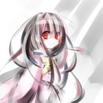  bangs blunt_bangs bow bowtie closed_mouth crazy_eyes evil_smile houraisan_kaguya long_hair long_sleeves looking_at_viewer oouso red_eyes shaded_face smile solo staring touhou upper_body very_long_hair yellow_bow yellow_neckwear 