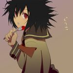  androgynous black_hair blood gankyuu_eguko holding holding_spoon lowres mebae messy_hair mushi_to_medama_to_teddybear red_eyes school_uniform short_hair solo spoon 