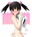  :o black_hair blush bra full-face_blush hair_bobbles hair_ornament kantoku lingerie looking_at_viewer nose_blush orange_eyes otonashi_meru panties pink_bra pink_panties sayonara_zetsubou_sensei school_uniform serafuku shirt_removed side-tie_panties solo twintails underwear underwear_only undressing 