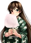  alternate_costume brown_hair chiko_(kanhogo) cotton_candy food heterochromia japanese_clothes kimono long_hair no_hat no_headwear rozen_maiden simple_background solo suiseiseki upper_body white_background 