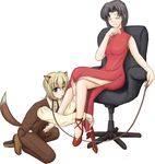  animal_ears artist_request barefoot black_hair blonde_hair china_dress chinese_clothes closed_eyes collar crossed_legs dog_ears dress leash maria-sama_ga_miteru mizuno_youko multiple_girls satou_sei shoes single_shoe sitting smile 