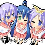  ahoge angry bad_perspective blue_eyes blue_hair blush collarbone from_above green_eyes hair_ribbon hairband hiiragi_kagami hiiragi_tsukasa hujikok izumi_konata lavender_hair long_hair lucky_star mole mole_under_eye multiple_girls one_eye_closed pink_neckwear ribbon ryouou_school_uniform school_uniform serafuku short_hair siblings sisters twins very_long_hair wince yellow_hairband 