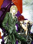  angel_cage angel_sanctuary artbook black_legwear blonde_hair boots collar dragon fingerless_gloves frown gloves hand_in_pocket highres leather male_focus michael_(angel_sanctuary) multiple_boys official_art open_fly raphael_(angel_sanctuary) red_hair scan shorts sitting smile spiked_hair spread_legs standing strap_slip suspenders tattoo thigh_boots thighhighs unzipped yuki_kaori 