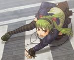  action all_fours angry fighting_stance fingerless_gloves gloves green_hair headphones itou_(onsoku_tassha) open_mouth original red_eyes ribbon solo striped striped_legwear thighhighs twintails 