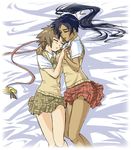  artist_request bed_sheet black_hair bleach brown_hair dark_skin hug multiple_girls ponytail school_uniform shihouin_yoruichi short_hair_with_long_locks sleeping sui-feng yuri 