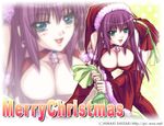  :d bent_over blue_eyes blush boots breasts christmas cleavage cleavage_cutout copyright_request detached_sleeves earrings fur_trim hat jewelry large_breasts lipstick long_hair makeup nail_polish naughty_face open_mouth pink_nails polka_dot purple_hair red_legwear sack santa_costume santa_hat sash shiizaki_hinaki smile snowman solo thigh_boots thighhighs zettai_ryouiki zoom_layer 