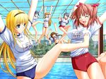  :d ^_^ barefoot blonde_hair blue_eyes bow bra buruma closed_eyes competition covered_nipples feet game_cg gym_uniform hanging katagiri_cheryl kicking lingerie long_hair makino_konoha multiple_girls name_tag nekonyan nipple_tweak open_mouth pool raspberry_(game) smile sweatdrop tickling toes underwear white_bra 