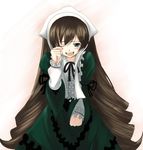  :d black_neckwear black_ribbon blush bonnet brown_hair center_frills chiko_(kanhogo) crying dress frills green_dress green_eyes lolita_fashion long_hair long_sleeves looking_at_viewer neck_ribbon one_eye_closed open_mouth ribbon rozen_maiden rubbing_eyes simple_background smile solo suiseiseki tears very_long_hair wiping_tears 