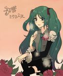 70s character_name flower frills gradient gradient_background green_eyes green_hair hatsune_miku lips long_hair lowe_(slow) oldschool parody red_flower red_rose rose solo sparkle style_parody thighhighs very_long_hair vocaloid 