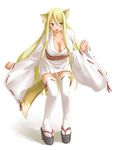  animal_ears blonde_hair breasts cleavage downblouse green_eyes kasuga_yukihito kemonomimi_mode large_breasts long_hair mahou_sensei_negima! platform_footwear solo tabi thighhighs very_long_hair white_legwear wide_sleeves yukihiro_ayaka zettai_ryouiki 