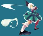  aqua_background artist_request black_footwear blue_eyes bobby_socks full_body green_skirt hair_ribbon hitodama konpaku_youmu konpaku_youmu_(ghost) puffy_short_sleeves puffy_sleeves ribbon shoes short_hair short_sleeves simple_background skirt skirt_set slashing socks solo sword touhou vest weapon white_hair white_legwear 