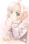  :o antenna_hair blush cardcaptor_sakura chair highres kinomoto_sakura long_sleeves mutsuki_(moonknives) non-web_source open_mouth short_hair simple_background sitting solo sweater table upper_body white_background 