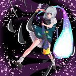  bangs black_footwear black_hairband bow cherry_blossoms frilled_skirt frills full_body green_skirt grey_hair hair_bow hairband hitodama konpaku_youmu konpaku_youmu_(ghost) legs_apart looking_at_viewer pink_hair puffy_short_sleeves puffy_sleeves shoes short_hair short_sleeves skirt skirt_set socks solo standing sword touhou unasaka_ryou vest weapon white_legwear 