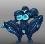  2018 alien big_breasts blue_breasts blue_nipples blue_pussy breasts censored crouching dark_samus female glowing humanoid metroid mostly_nude nintendo nipples not_furry pochincoff presenting pussy simple_background solo spreading video_games white_background 