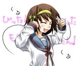  :d ^_^ ^o^ blue_sailor_collar closed_eyes dancing hairband hato_haru kita_high_school_uniform long_sleeves motion_lines open_mouth red_ribbon ribbon sailor_collar school_uniform serafuku shirt simple_background smile solo suzumiya_haruhi suzumiya_haruhi_no_yuuutsu upper_body white_background white_shirt 