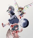  apron artist_request bangs bat_wings blonde_hair blue_hair braid closed_eyes flandre_scarlet frilled_skirt frills green_ribbon grey_hair hair_ribbon hat hat_ribbon izayoi_sakuya long_sleeves maid_headdress mob_cap multiple_girls one_eye_closed open_mouth puffy_short_sleeves puffy_sleeves red_eyes red_footwear red_ribbon remilia_scarlet ribbon shoes short_hair short_sleeves skirt smile socks touhou tress_ribbon twin_braids white_legwear wings 