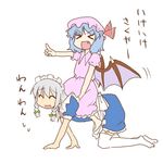  &gt;_&lt; all_fours bat_wings closed_eyes crawling hat izayoi_sakuya maid morino_harifu multiple_girls pink_hat remilia_scarlet riding sitting sitting_on_person touhou translated wings 