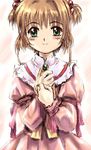  blush brooch brown_hair cardcaptor_sakura gem green_eyes hair_bobbles hair_ornament hands_on_own_chest jewelry kinomoto_sakura long_sleeves looking_at_viewer mutsuki_(moonknives) non-web_source oekaki short_hair solo two_side_up 