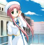  aria bangs beret blue_sky brooch canal cloud day dress gem green_eyes hat jewelry long_hair long_sleeves looking_at_viewer mizunashi_akari odayan outdoors parted_bangs pink_hair sidelocks sky solo upper_body venezia very_long_hair water white_dress 