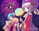  2girls :d aerial_fireworks alternate_hairstyle bangs blue_eyes blue_hair breasts cleavage company_name copyright_name detached_sleeves fan fireworks flower hair_flower hair_ornament heterochromia holding iris_(latale) japanese_clothes latale medium_breasts multiple_girls official_art open_mouth outdoors paper_fan purple_eyes red_eyes red_flower red_rose rose sidelocks smile swept_bangs uchiwa wallpaper warrior_(latale) watermark web_address white_hair 