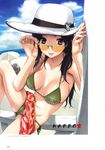  beach bikini black_hair breasts copyright_request day happoubi_jin hat highres large_breasts long_hair nail_art nail_polish outdoors pink_nails purple_eyes scan side-tie_bikini solo sun_hat sunglasses swimsuit 
