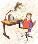  book brown_hair closed_eyes copyright_request desk glasses gyaru kogal koutarou_(farthest) loose_socks multiple_girls skirt socks 