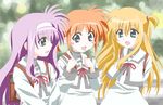  :d arisa_bannings blonde_hair blush blush_stickers dress hairband long_sleeves looking_at_viewer lyrical_nanoha mahou_shoujo_lyrical_nanoha multiple_girls open_mouth pink_hair red_hair red_ribbon ribbon school_uniform seishou_elementary_school_uniform smile takamachi_nanoha tsukimura_suzuka twintails two_side_up upper_body white_dress yomi_(indigoriver) 