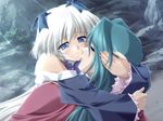  aka_(nekoneko_soft) akino_takehiko arrems character_request dress game_cg green_hair hug long_hair ribbon sad white_hair 