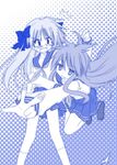  akane_souichi blue blue_background halftone halftone_background hiiragi_kagami izumi_konata lucky_star mole mole_under_eye monochrome multiple_girls 