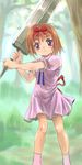  brown_hair copyright_request dress forest hairband highres mutsuki_(moonknives) nature non-web_source purple_eyes short_hair solo sword weapon 