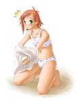  1girl barefoot blue_eyes blush bra flat_chest freckles green_eyes kasuga_yukihito kneeling lingerie mahou_sensei_negima! murakami_natsumi navel orange_hair panties short_hair solo stomach sweatdrop training_bra underwear underwear_only undressing white_panties 