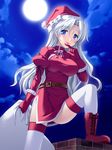  bad_id bad_pixiv_id belt blue_eyes boots china_dress chinese_clothes christmas dress full_moon gloves hat long_hair moon night original red_gloves sack santa_costume santa_hat silver_hair solo thighhighs totokichi white_hair 