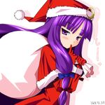  blush bow christmas finger_to_mouth gloves hair_bow hat jitome long_hair looking_at_viewer mizuno_kurage patchouli_knowledge purple_eyes purple_hair red_gloves sack santa_costume santa_hat shushing solo touhou 