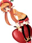  :d apple bangle bracelet food food_themed_clothes fruit hanasaki_mahiru jewelry long_hair open_mouth orange_hair original pointy_ears red_eyes smile solo thighhighs twintails 