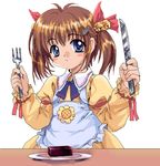  apron bell blue_eyes blush_stickers brown_hair copyright_request flower food fork hair_bell hair_ornament hairclip knife mutsuki_(moonknives) non-web_source plate short_twintails simple_background solo sunflower table twintails wagashi youkan_(food) 
