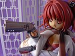  breasts cleavage cloak figure gun highres medium_breasts momose_hikaru one_eye_closed peace@pieces photo red_hair smile solo twintails weapon 