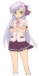  bangs bare_arms breast_pocket closed_mouth collared_shirt crossed_arms dress_shirt eyebrows_visible_through_hair feet_out_of_frame flat_chest frown hair_ribbon kneehighs lavender_hair long_hair miniskirt neck_ribbon original pleated_skirt pocket pota_(nabrinko) purple_hair purple_ribbon purple_skirt red_neckwear red_ribbon ribbon school_uniform shirt short_sleeves simple_background sketch skirt solo standing straight_hair swept_bangs very_long_hair white_background white_legwear white_shirt yellow_eyes 