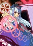  artist_request blue_dress cowboy_shot dress hat kamishirasawa_keine kerchief looking_at_viewer magic outstretched_arms puffy_short_sleeves puffy_sleeves red_eyes red_ribbon ribbon short_sleeves solo tate_eboshi touhou wheel 