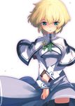  blonde_hair book copyright_request cross dress green_eyes latin_cross short_hair simple_background solo standing sumaki_shungo thighhighs 