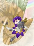  armor armored_dress battle brown_background crown dress earrings gauntlets gradriel greaves hair_up huge_weapon jewelry princess_crown purple_eyes purple_hair shinama short_hair sword weapon 