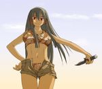  bikini black_hair dark_skin hand_on_hip holding kasuga_yukihito long_hair looking_at_viewer mahou_sensei_negima! microphone open_fly outstretched_arm red_eyes short_shorts shorts solo standing swimsuit tatsumiya_mana thigh_gap very_long_hair 