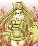  animal_ears artist_request bare_shoulders blonde_hair breasts cigarette cleavage costume crossed_arms dress large_breasts long_hair moemon ninetales off_shoulder personification pokemon pokemon_(creature) red_eyes short_dress smile sweater sweater_dress very_long_hair 