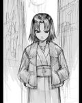  fur_trim greyscale jacket japanese_clothes kara_no_kyoukai kimono monochrome pillarboxed ryougi_shiki sketch solo tetsu_(kimuchi) 