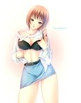  bra breasts brown_hair candy_pool cleavage copyright_request large_breasts lingerie momoi_komomo open_clothes open_shirt pencil_skirt shirt short_hair skirt solo underwear 