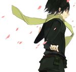  androgynous belt black_eyes black_hair black_jacket from_side green_scarf jacket kino kino_no_tabi long_sleeves looking_back petals pouch reverse_trap scarf short_hair solo 