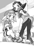  arms_behind_back greyscale hair_pulled_back kobun monochrome multiple_girls najimi_shin panties pantyhose pantyshot rockman rockman_dash roll_caskett tron_bonne underwear 