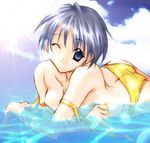  90s ass bikini bikini_pull cloud day kusunoki_hatsumi nanase_aoi one_eye_closed outdoors seraphim_call sun swimsuit untied untied_bikini water yellow_bikini 