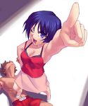  1girl ;d armpits bare_shoulders breasts camisole cleavage collarbone foreshortening from_above girl_on_top hand_on_hip index_finger_raised kurusugawa_ayaka looking_at_viewer lying medium_breasts muscle oekaki on_back one_eye_closed open_mouth pointing pointing_at_viewer pointing_up purple_eyes purple_hair short_hair smile standing to_heart toned toned_male unconscious zen 