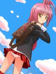  bag blazer blush cloud day dutch_angle from_behind hair_ornament hairclip haruyama_kazunori high_ponytail hinamori_amu jacket looking_back necktie outdoors panties pantyshot pink_hair plaid school_bag school_uniform short_hair shugo_chara! skirt sky solo underwear upskirt white_panties yellow_eyes 